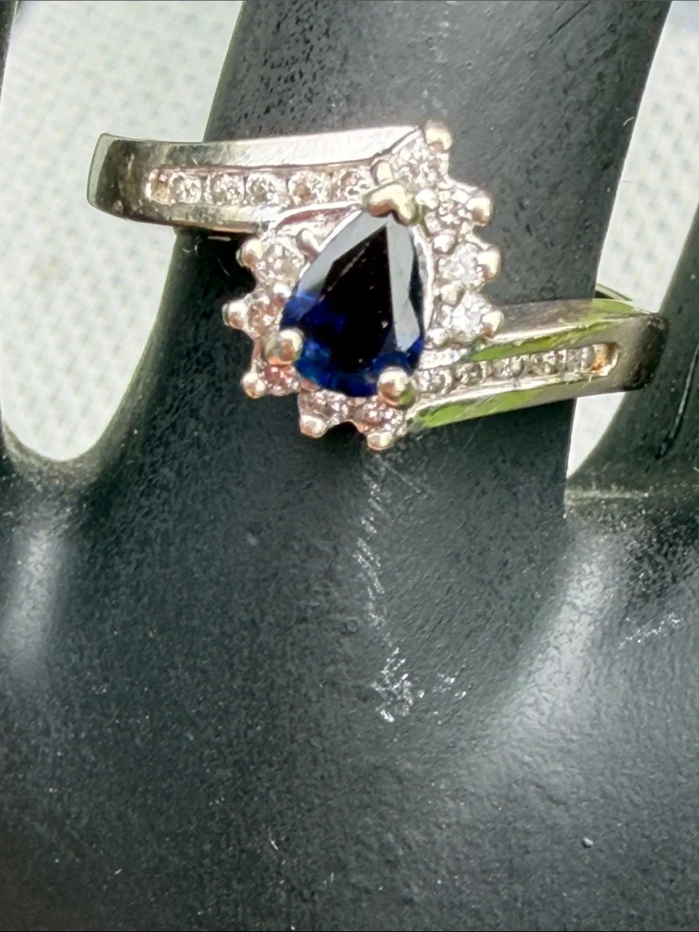 14 KT WHITE GOLD Teardrop Blue Sapphire Halo Ring with Pavé Band - Women Jewelry